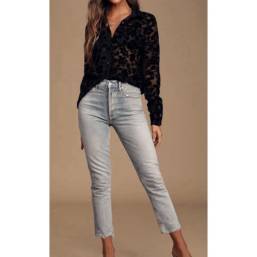 Lulus My Love For You Black Burnout Velvet Floral Print Button-Up Top Sz Small